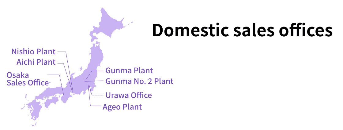 Domestic sales offices 7 site in 4 prefectures Urawa Office, Osaka Sales Office, Nishio Plant, Aichi Plant, Gunma Plant, Gunma No. 2 Plant, Ageo Plant