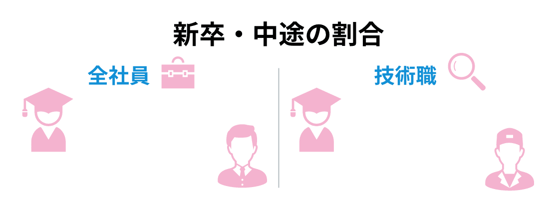 新卒・中途の割合 [全社員]新卒：50% 中途：50% [技術職]新卒：67% 中途：33%